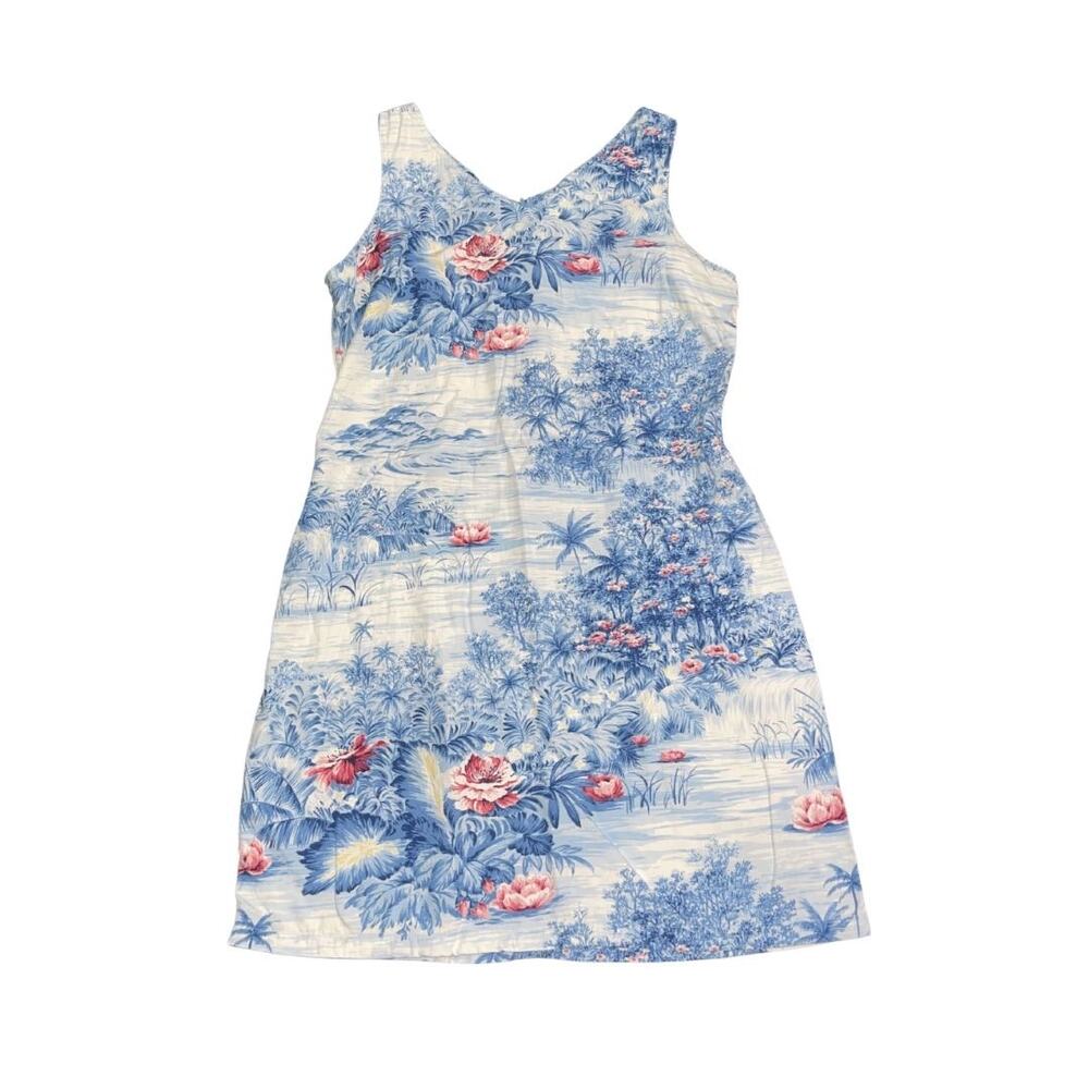 Liz Claiborne Blue V-Neck Sheath Dress Floral Hawaiian Tropical Vintage 90s